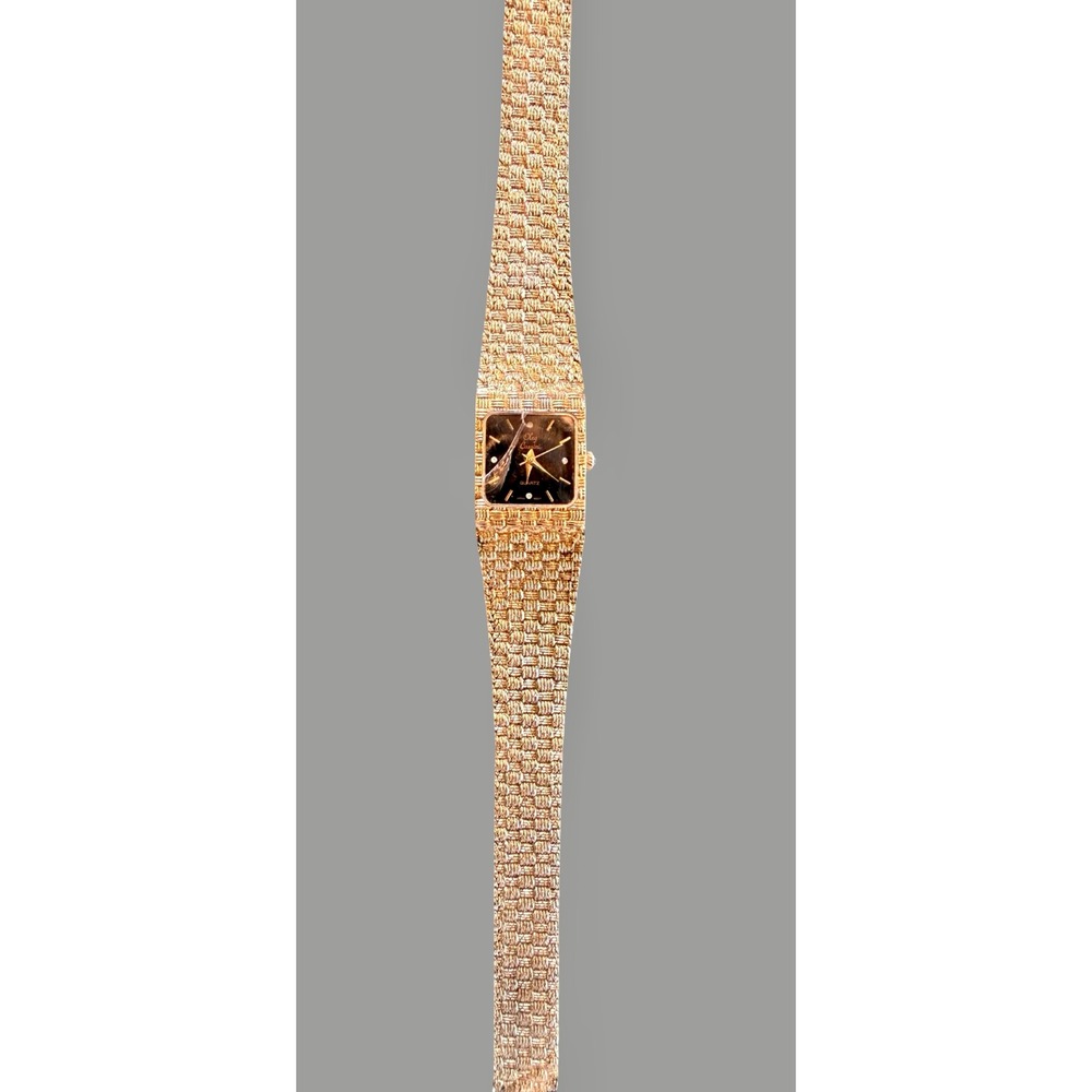 Vintage Oleg Cassini Gold Tone Watch Textured Band Crystal Markers Runs Repair